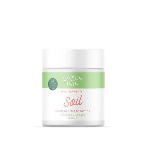 A container of 'Soil - Wild-Fermented, Plant-Based Probiotic' by Green Juju, designed for pets' bowls.