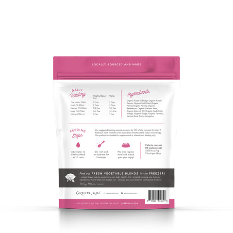 Back o the Vitality Blend package showing the ingredients and feeding instructions
