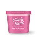 A container of Vitality Blend, which is a frozen vegetable blend for dogs, with text encouraging to 'Add some life to the bowl'.