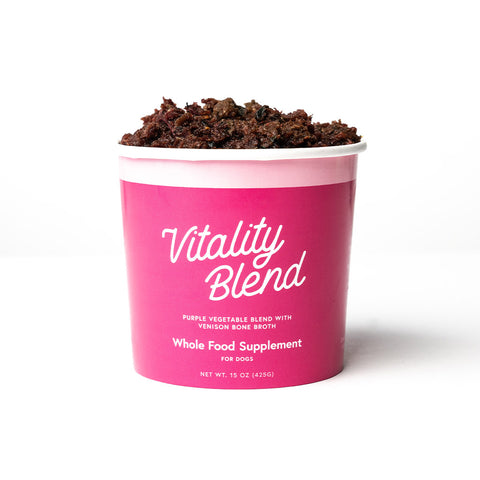 An open container of 'Vitality Blend' whole food supplement for dogs and cats