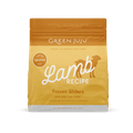 A package of Green Juju Lamb Recipe Frozen Sliders for dogs. The packaging is yellow with a graphic of a dog and text detailing the product as raw diet food made with grass-fed lamb.